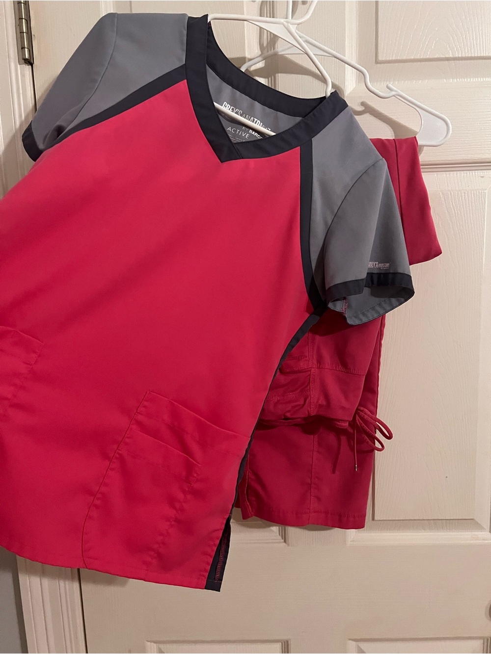 Grey's Anatomy by Barco Active Scrub Top and Pants in Raspberry with Gray Trim